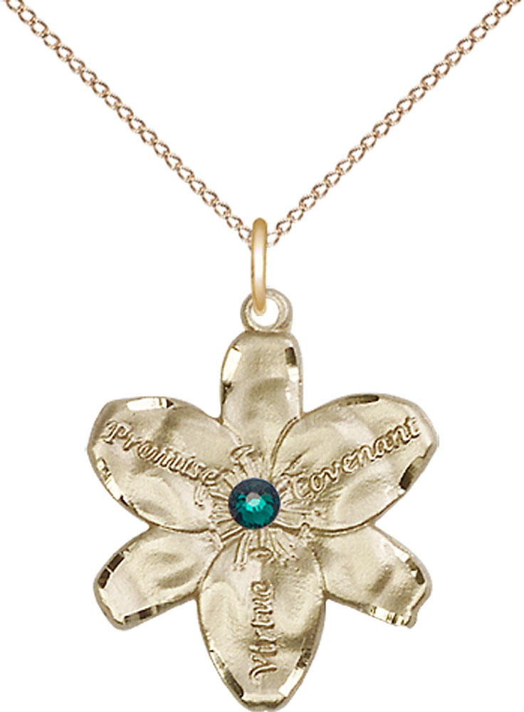 14kt Gold Filled Chastity Pendant with a 3mm Emerald Swarovski stone on a 18 inch Gold Filled Light Curb chain