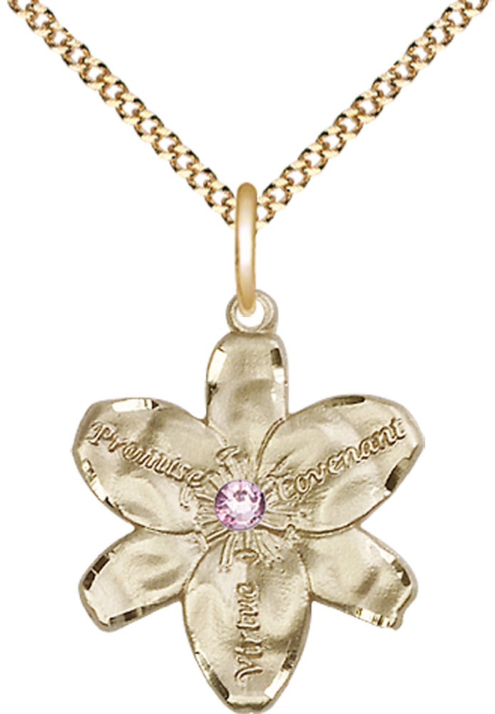 14kt Gold Filled Chastity Pendant with a 3mm Light Amethyst Swarovski stone on a 18 inch Gold Plate Light Curb chain