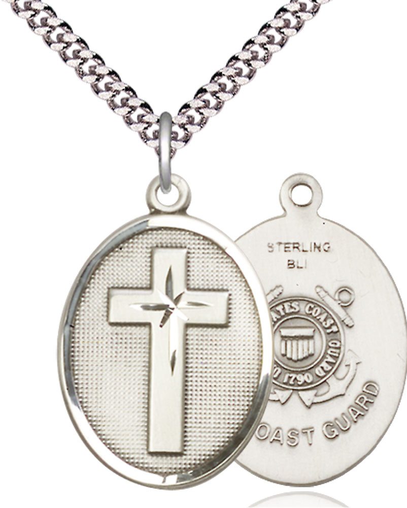 Sterling Silver Cross Coast Guard Pendant on a 24 inch Light Rhodium Heavy Curb chain