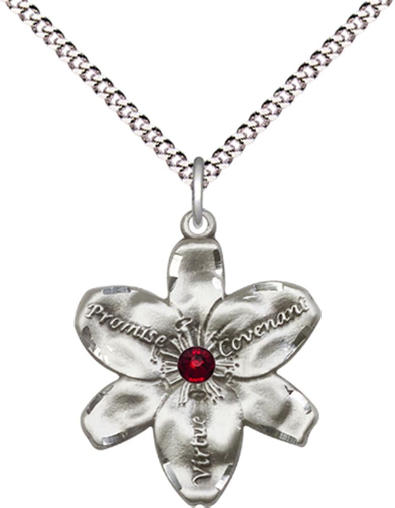 Sterling Silver Chastity Pendant with a 3mm Garnet Swarovski stone on a 18 inch Light Rhodium Light Curb chain