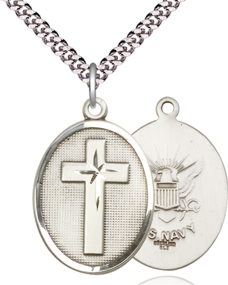 Sterling Silver Cross Navy Pendant on a 24 inch Light Rhodium Heavy Curb chain