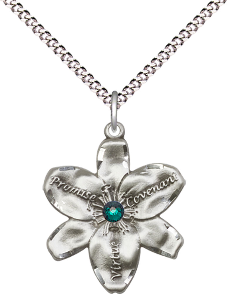 Sterling Silver Chastity Pendant with a 3mm Emerald Swarovski stone on a 18 inch Light Rhodium Light Curb chain