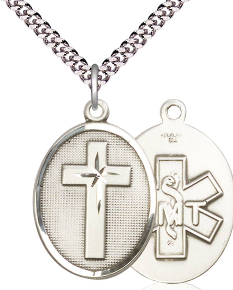 Sterling Silver Cross Paratrooper Pendant on a 24 inch Light Rhodium Heavy Curb chain