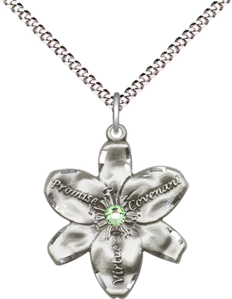 Sterling Silver Chastity Pendant with a 3mm Peridot Swarovski stone on a 18 inch Light Rhodium Light Curb chain