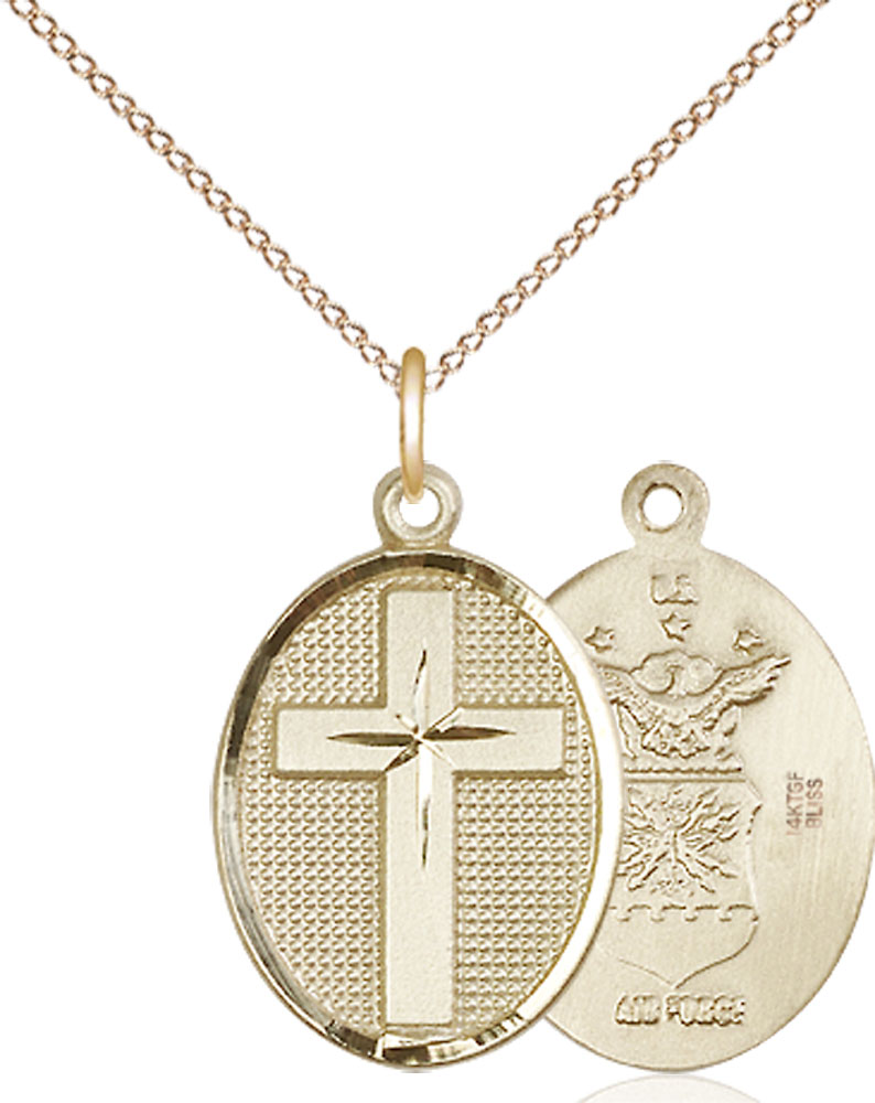14kt Gold Filled Cross Air Force Pendant on a 18 inch Gold Filled Light Curb chain