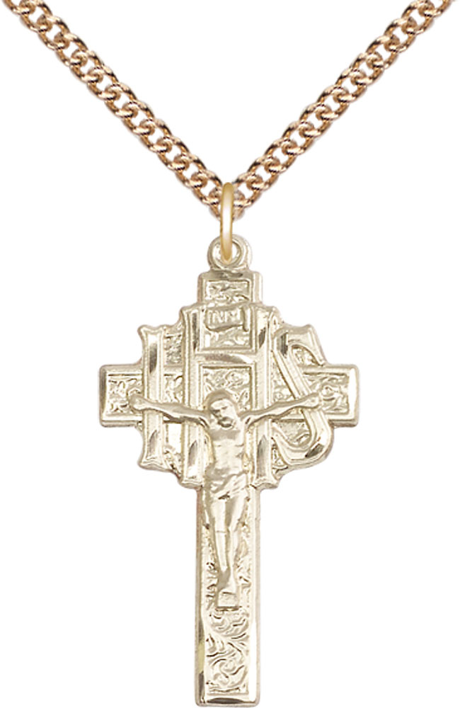 14kt Gold Filled Crucifix-IHS Pendant on a 24 inch Gold Filled Heavy Curb chain