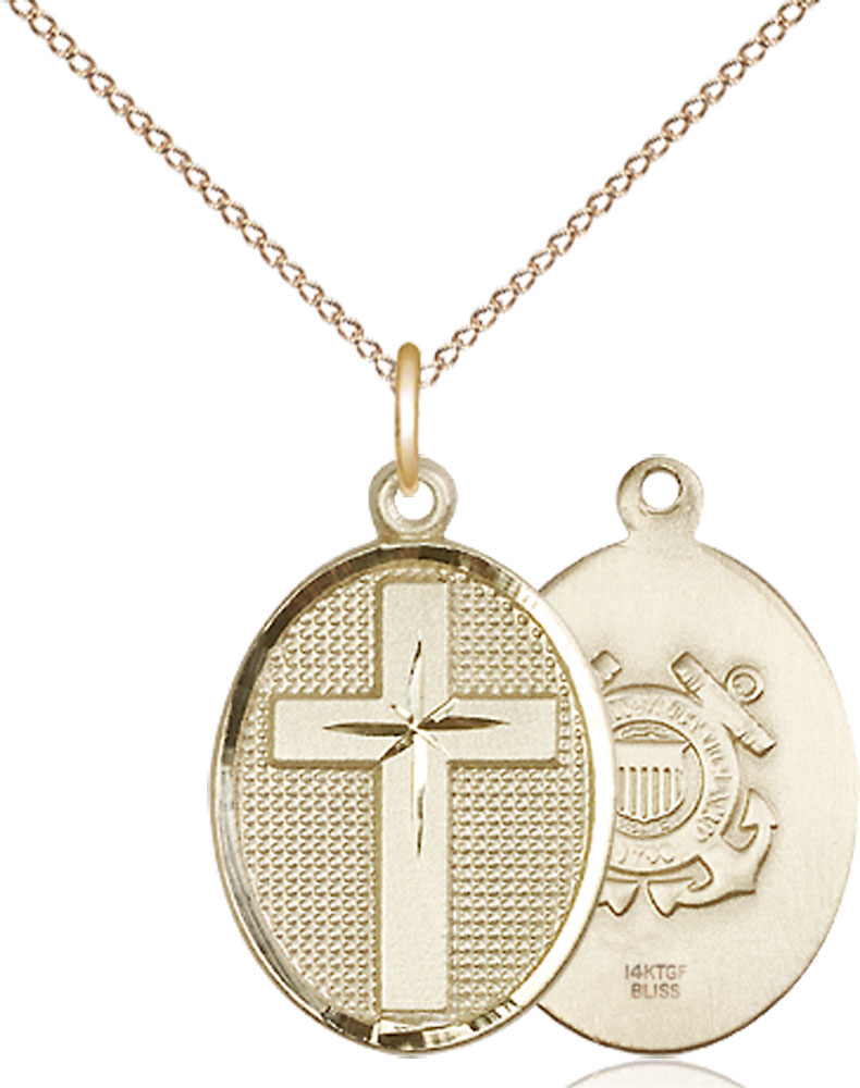 14kt Gold Filled Cross Coast Guard Pendant on a 18 inch Gold Filled Light Curb chain