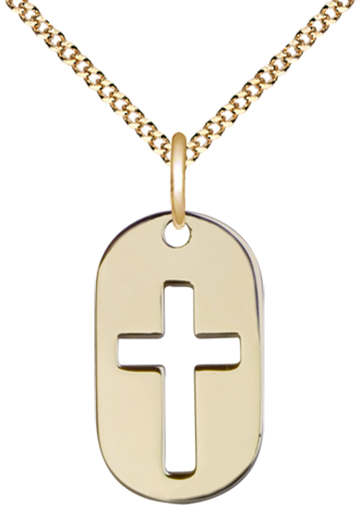 14kt Gold Filled Cross Dog Tag Pendant on a 18 inch Gold Plate Light Curb chain