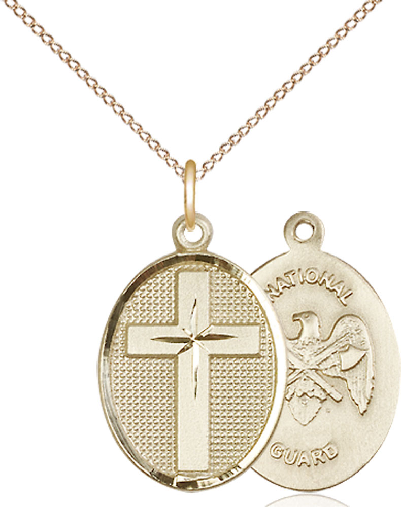 14kt Gold Filled Cross National Guard Pendant on a 18 inch Gold Filled Light Curb chain