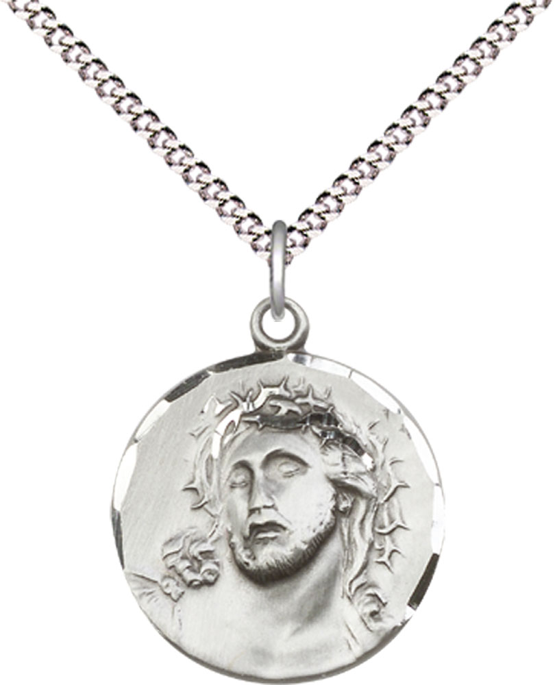 Sterling Silver Ecce Homo Pendant on a 18 inch Light Rhodium Light Curb chain