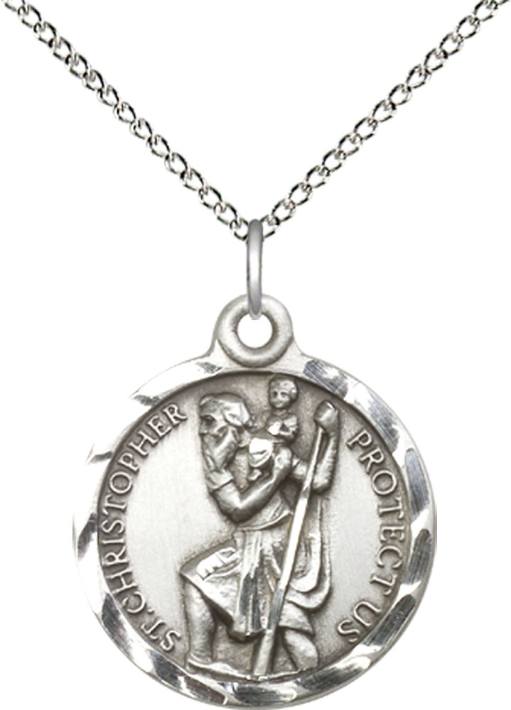 Sterling Silver Saint Christopher Pendant on a 18 inch Sterling Silver Light Curb chain