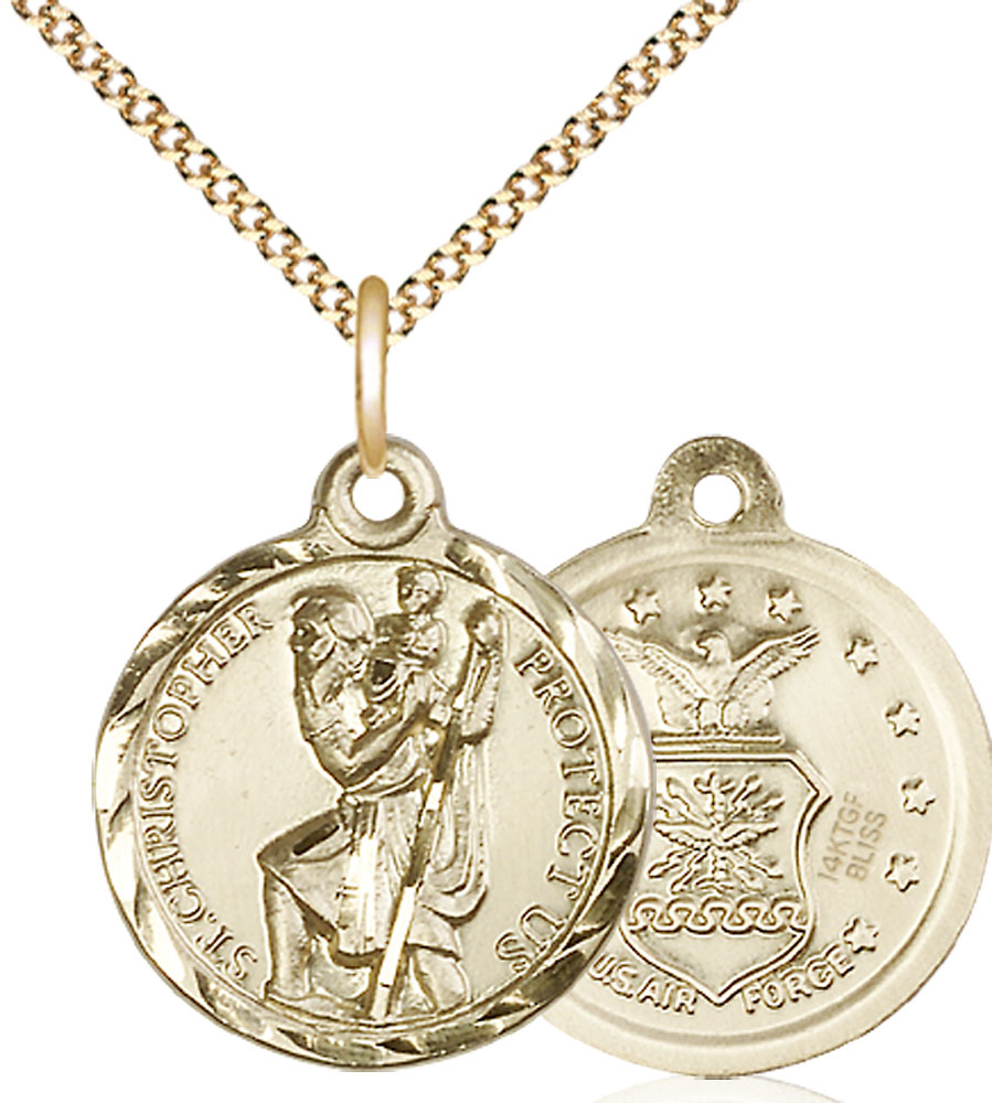 14kt Gold Filled Saint Christopher Air Force Pendant on a 18 inch Gold Plate Light Curb chain