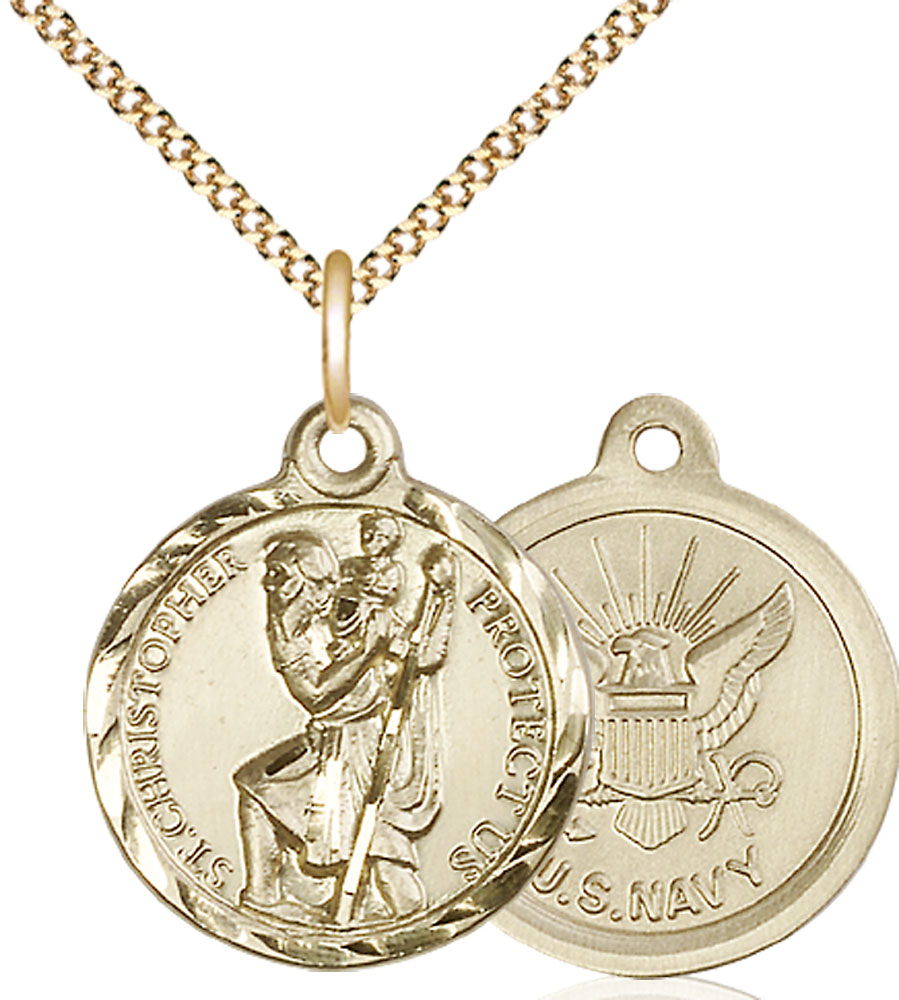 14kt Gold Filled Saint Christopher Navy Pendant on a 18 inch Gold Plate Light Curb chain