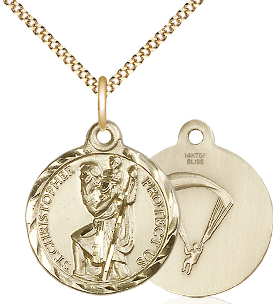 14kt Gold Filled Saint Christopher Paratrooper Pendant on a 18 inch Gold Plate Light Curb chain