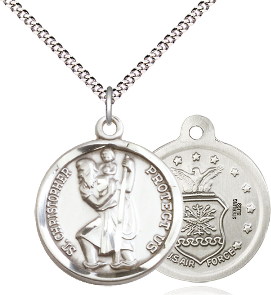 Sterling Silver Saint Christopher Air Force Pendant on a 18 inch Light Rhodium Light Curb chain