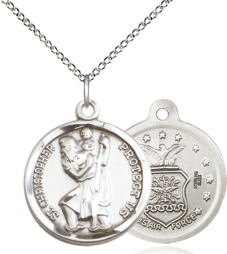 Sterling Silver Saint Christopher Air Force Pendant on a 18 inch Sterling Silver Light Curb chain