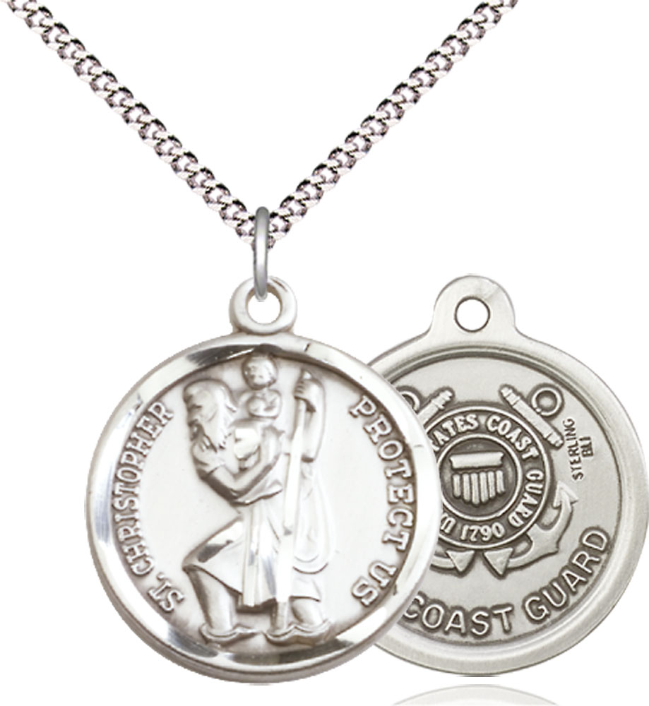 Sterling Silver Saint Christopher Coast Guard Pendant on a 18 inch Light Rhodium Light Curb chain