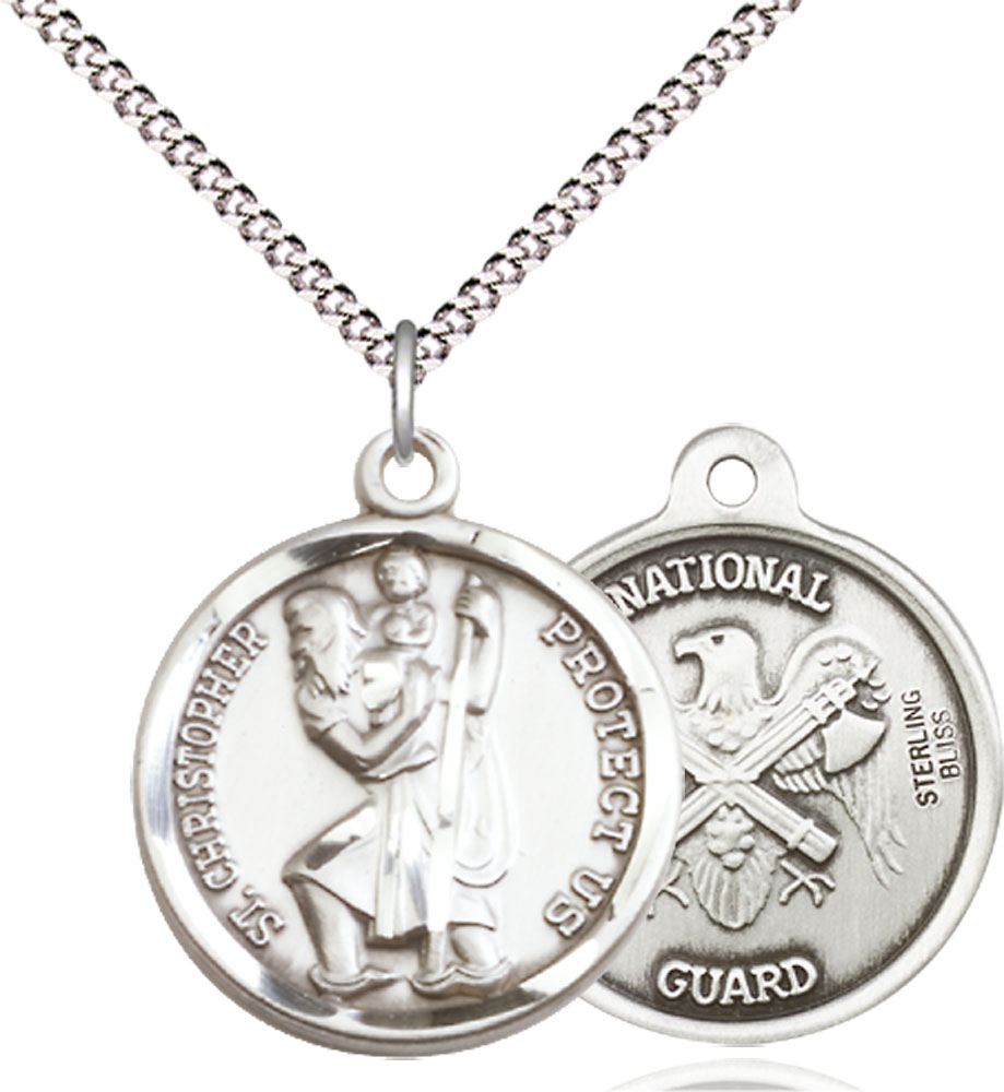 Sterling Silver Saint Christopher National Guard Pendant on a 18 inch Light Rhodium Light Curb chain