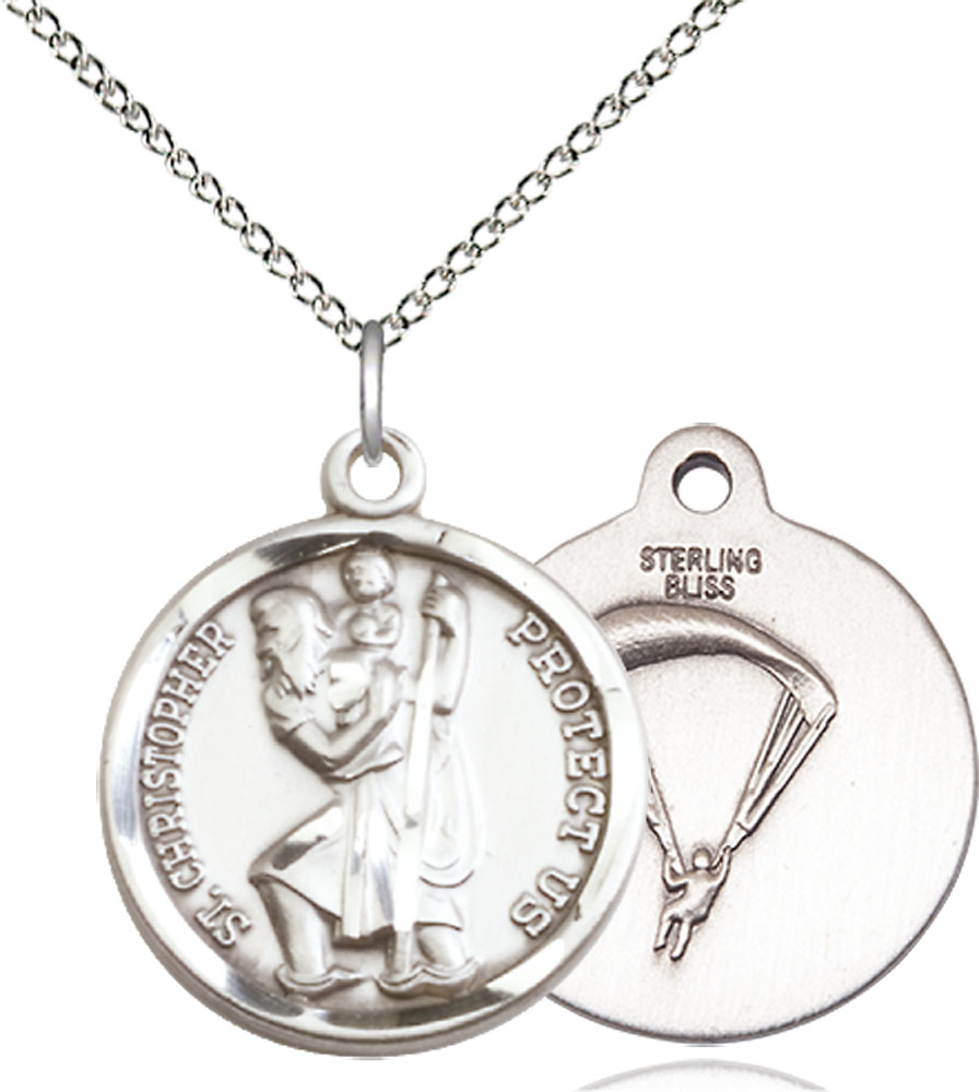 Sterling Silver Saint Christopher Paratrooper Pendant on a 18 inch Sterling Silver Light Curb chain