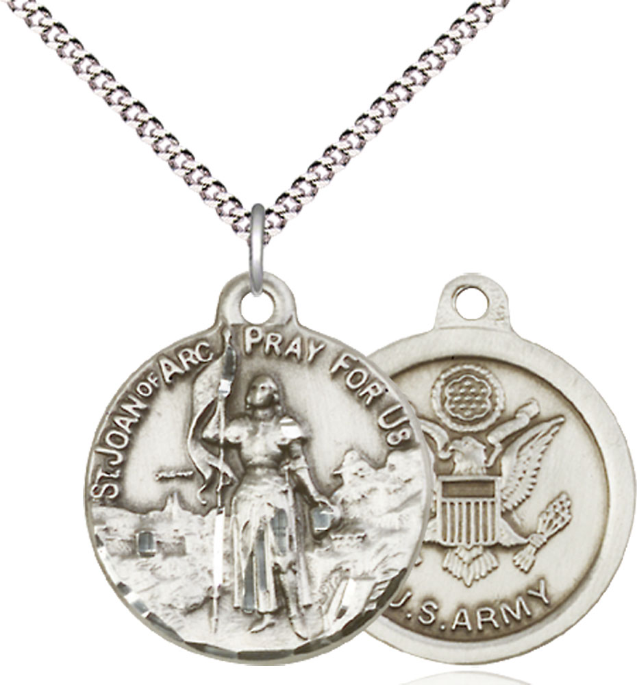 Sterling Silver Saint Joan of Arc Army Pendant on a 18 inch Light Rhodium Light Curb chain