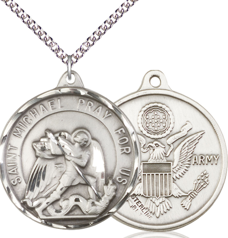 Sterling Silver Saint Michael Army Pendant on a 24 inch Sterling Silver Heavy Curb chain