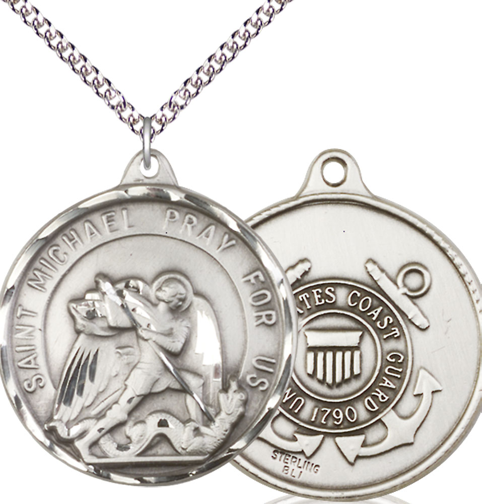 Sterling Silver Saint Michael Coast Guard Pendant on a 24 inch Sterling Silver Heavy Curb chain
