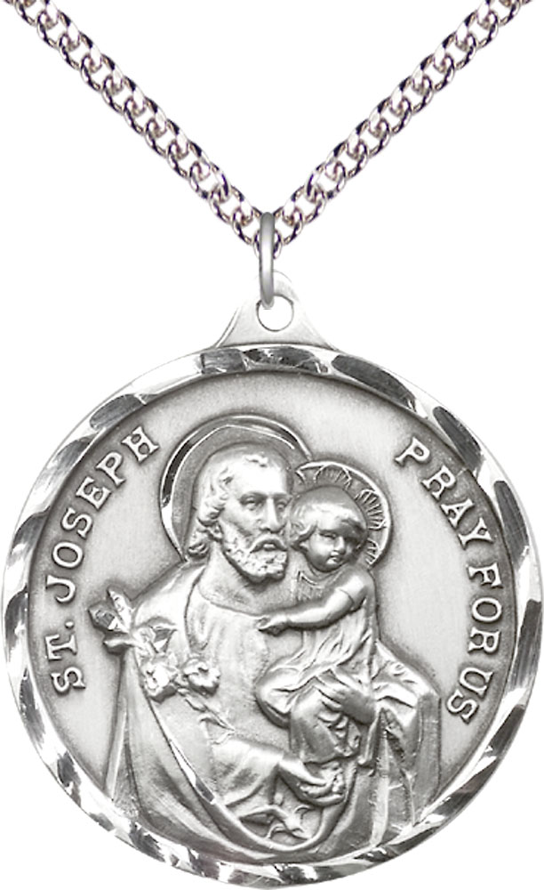 Sterling Silver Saint Joseph Pendant on a 24 inch Sterling Silver Heavy Curb chain