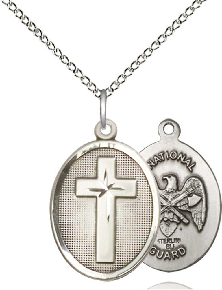 Sterling Silver Cross National Guard Pendant on a 18 inch Sterling Silver Light Curb chain