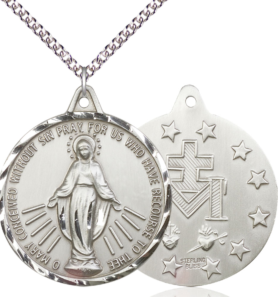 Sterling Silver Miraculous Pendant on a 24 inch Sterling Silver Heavy Curb chain