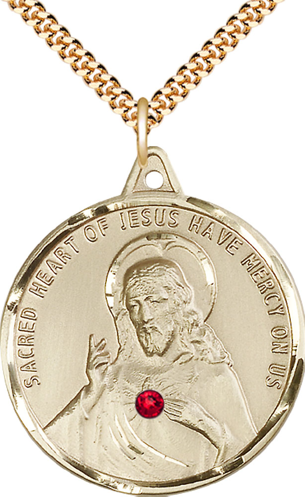 14kt Gold Filled Scapular w/ Ruby Stone Pendant with a 3mm Ruby Swarovski stone on a 24 inch Gold Plate Heavy Curb chain