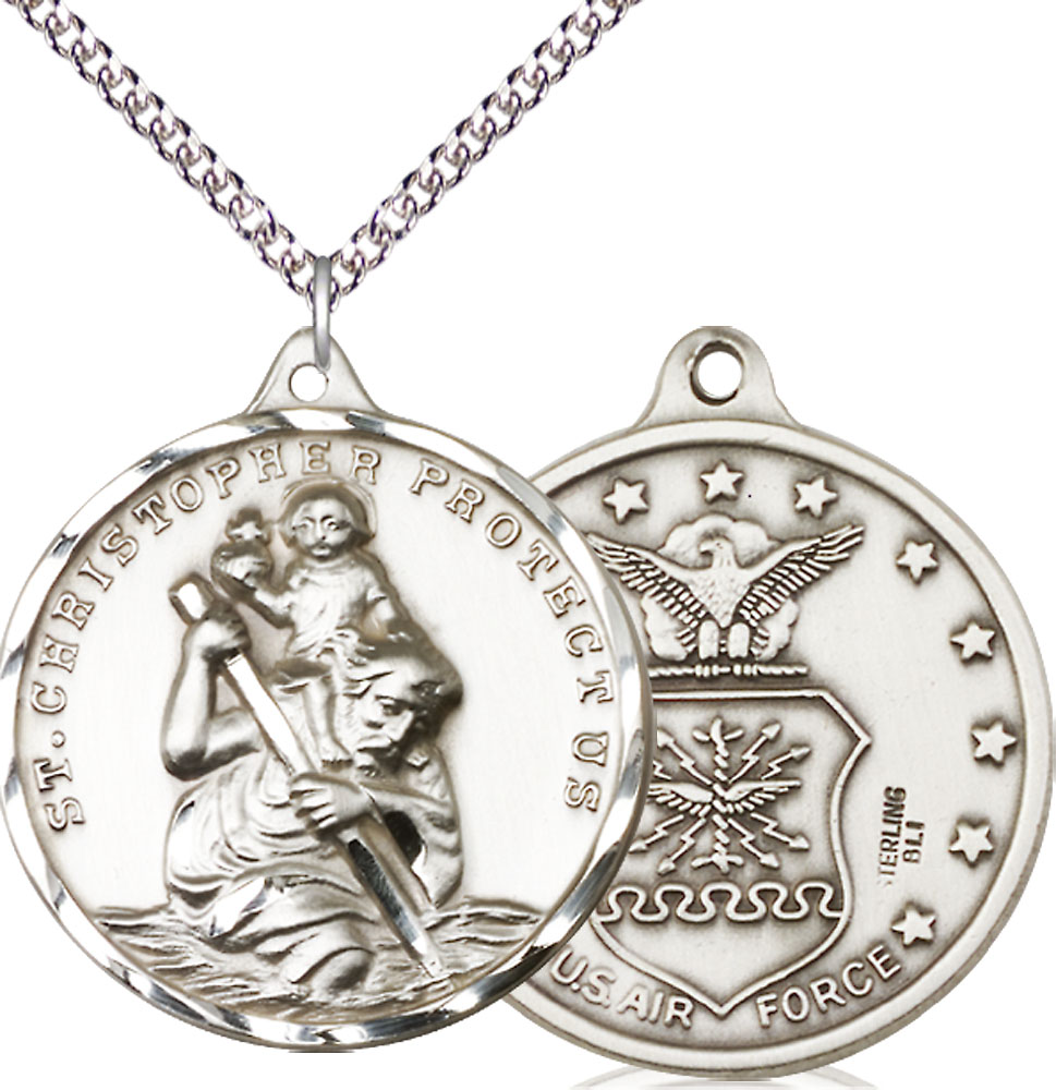 Sterling Silver Saint Christopher Air Force Pendant on a 24 inch Sterling Silver Heavy Curb chain