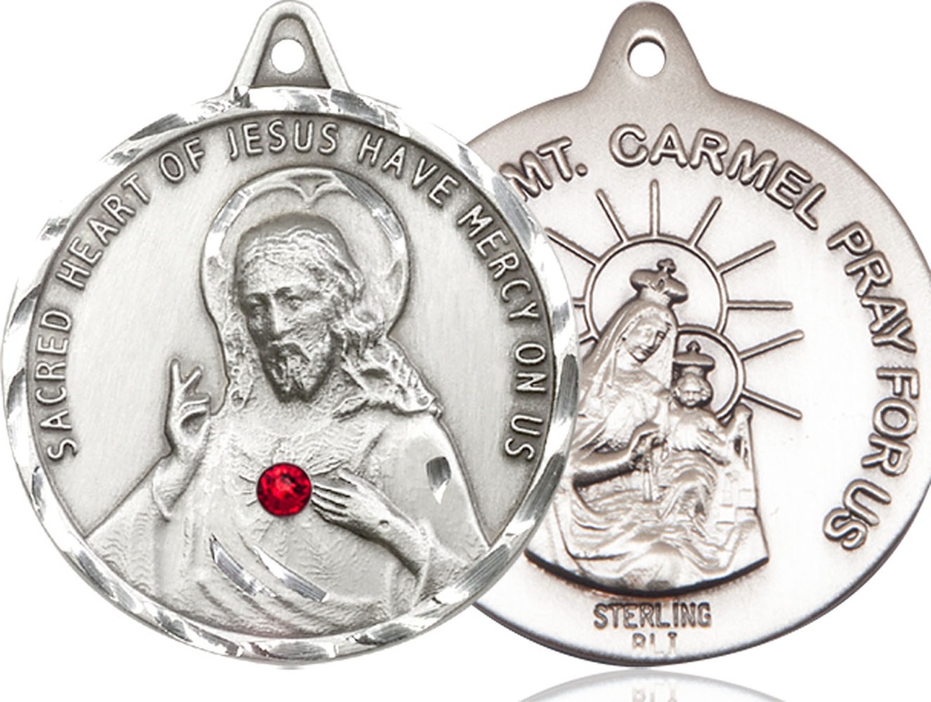 Sterling Silver Scapular w/ Ruby Stone Medal with a 3mm Ruby Swarovski stone