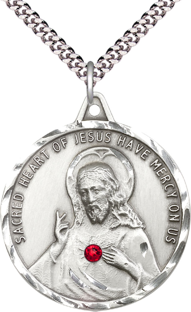 Sterling Silver Scapular w/ Ruby Stone Pendant with a 3mm Ruby Swarovski stone on a 24 inch Light Rhodium Heavy Curb chain