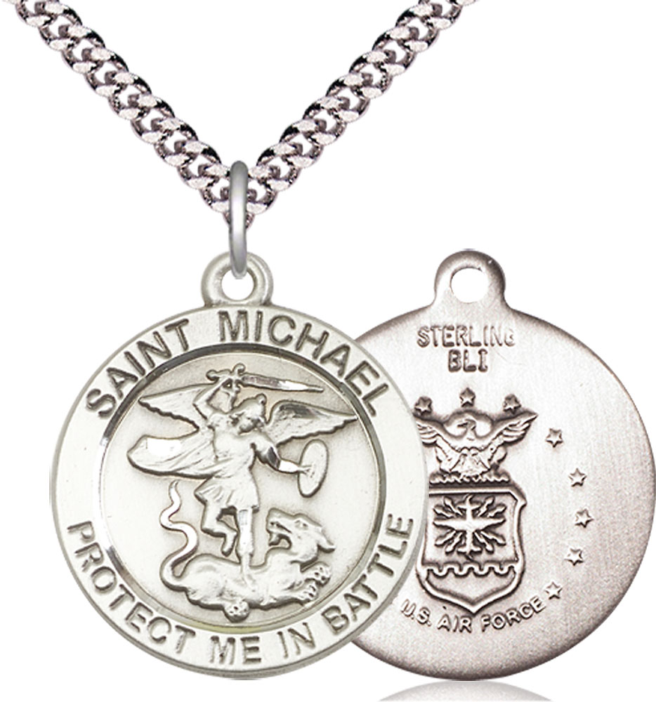 Sterling Silver Saint Michael Navy Pendant on a 24 inch Light Rhodium Heavy Curb chain
