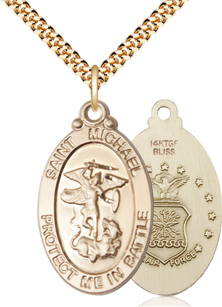 14kt Gold Filled Saint Michael Air Force Pendant on a 24 inch Gold Plate Heavy Curb chain