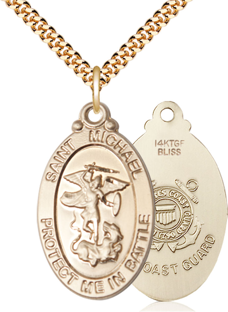14kt Gold Filled Saint Michael Guardian Angel Coast Guard Pendant on a 24 inch Gold Plate Heavy Curb chain