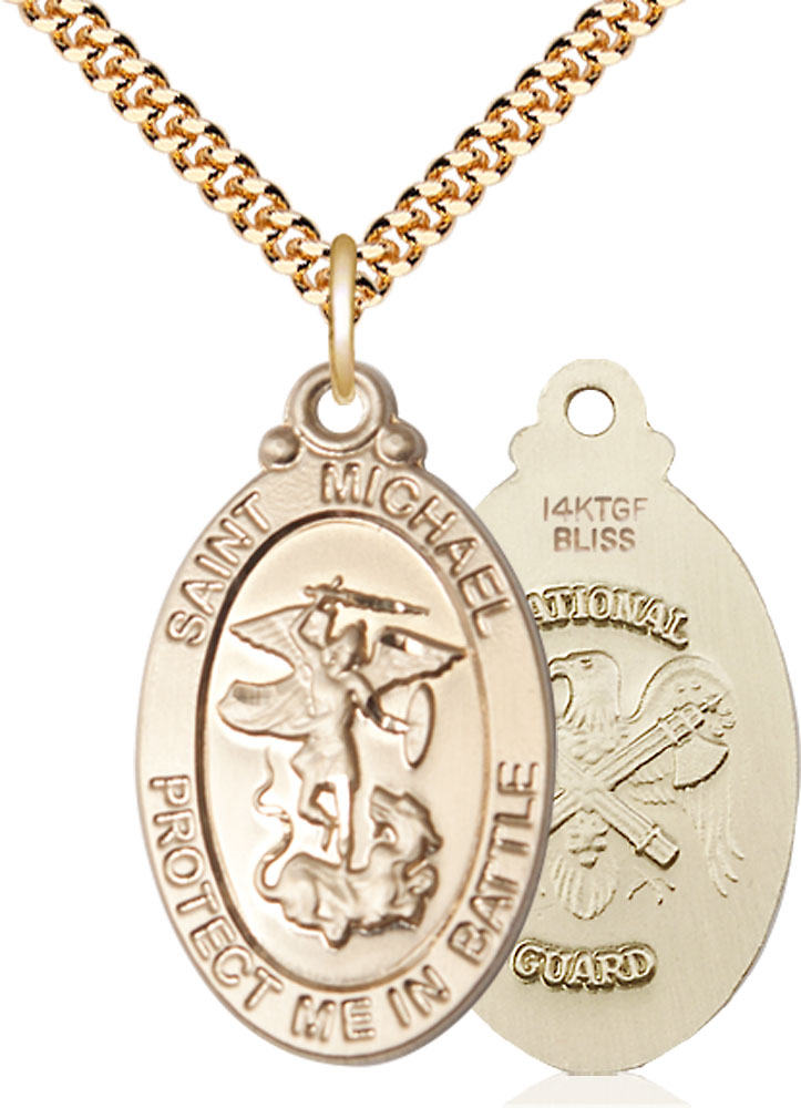 14kt Gold Filled Saint Michael National Guard Pendant on a 24 inch Gold Plate Heavy Curb chain