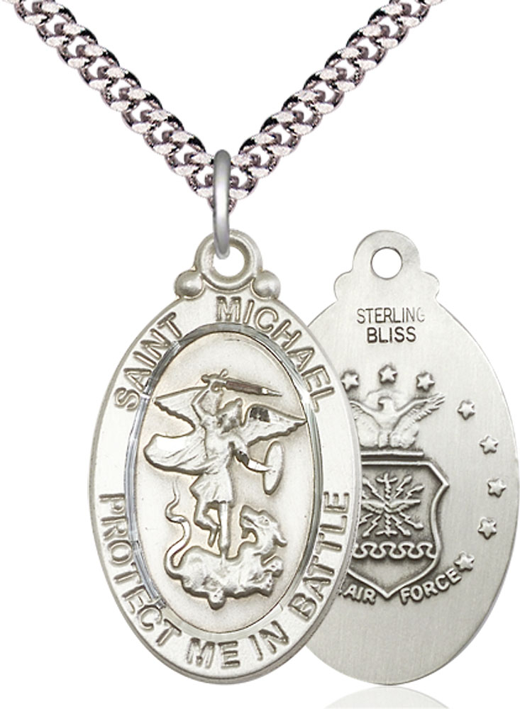 Sterling Silver Saint Michael Air Force Pendant on a 24 inch Light Rhodium Heavy Curb chain