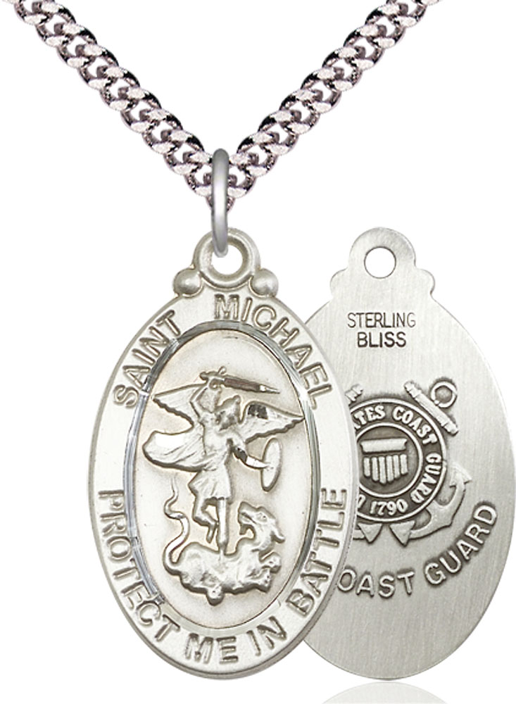Sterling Silver Saint Michael Guardian Angel Coast Guard Pendant on a 24 inch Light Rhodium Heavy Curb chain