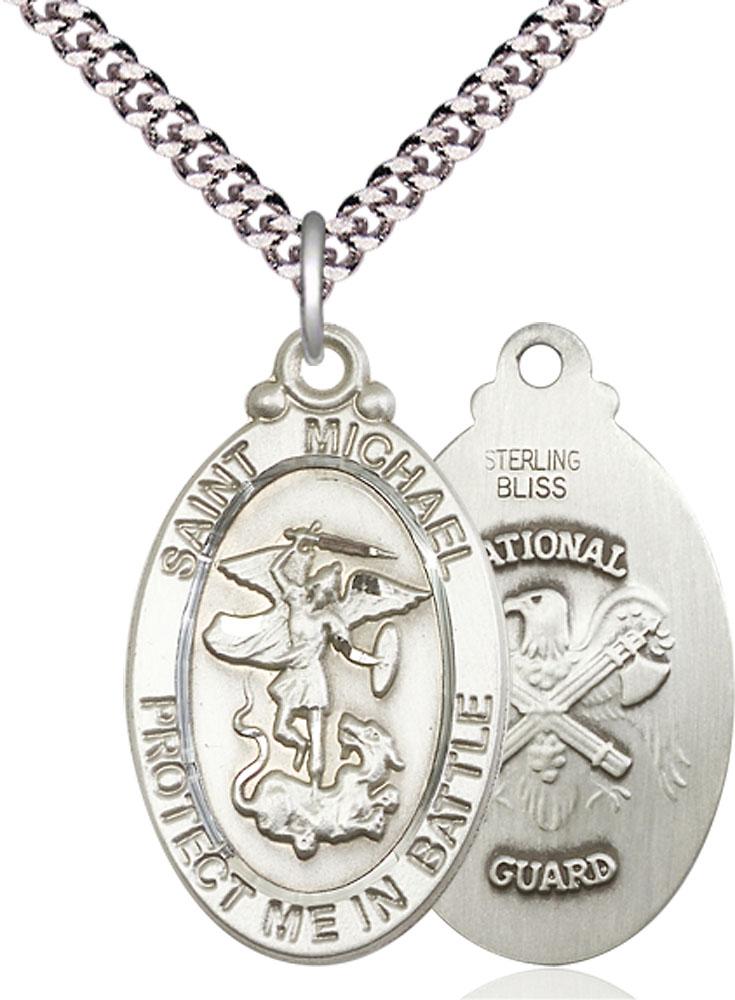 Sterling Silver Saint Michael National Guard Pendant on a 24 inch Light Rhodium Heavy Curb chain