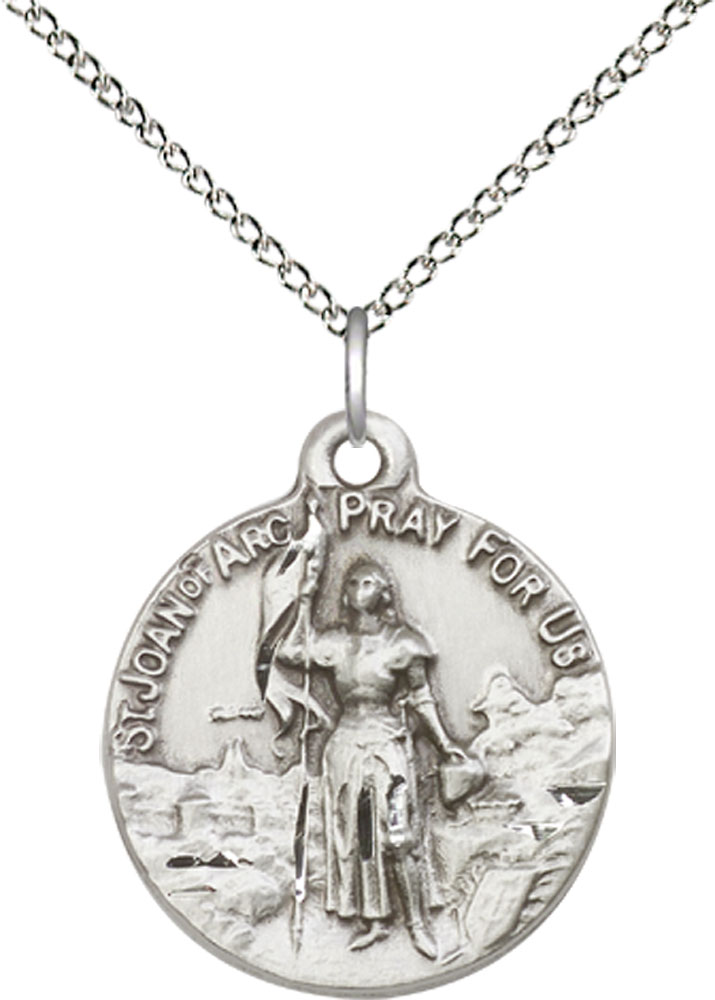 Sterling Silver Saint Joan of Arc Pendant on a 18 inch Sterling Silver Light Curb chain