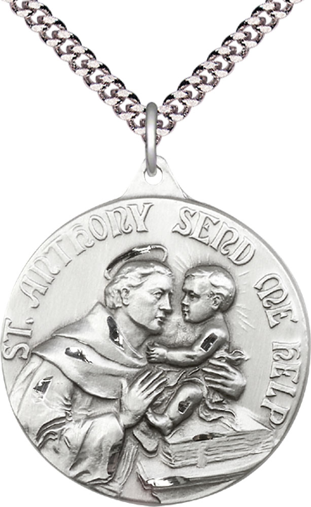 Sterling Silver Saint Anthony Pendant on a 24 inch Light Rhodium Heavy Curb chain