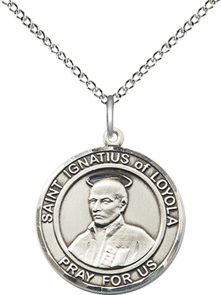 Sterling Silver Saint Ignatius of Loyola Pendant on a 18 inch Sterling Silver Light Curb chain