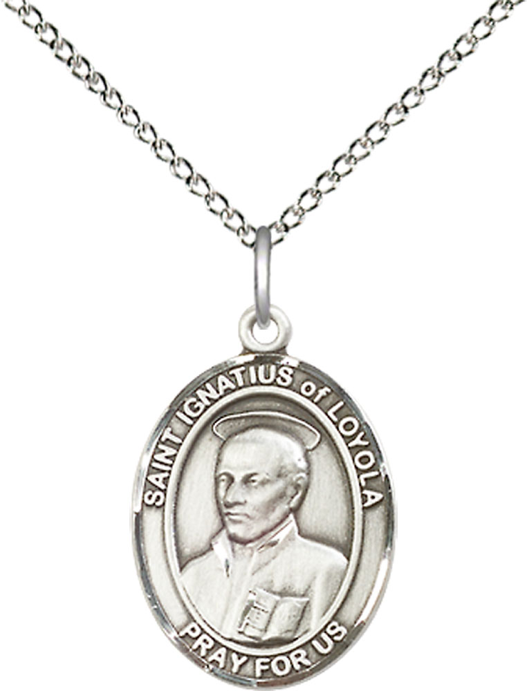Sterling Silver Saint Ignatius of Loyola Pendant on a 18 inch Sterling Silver Light Curb chain