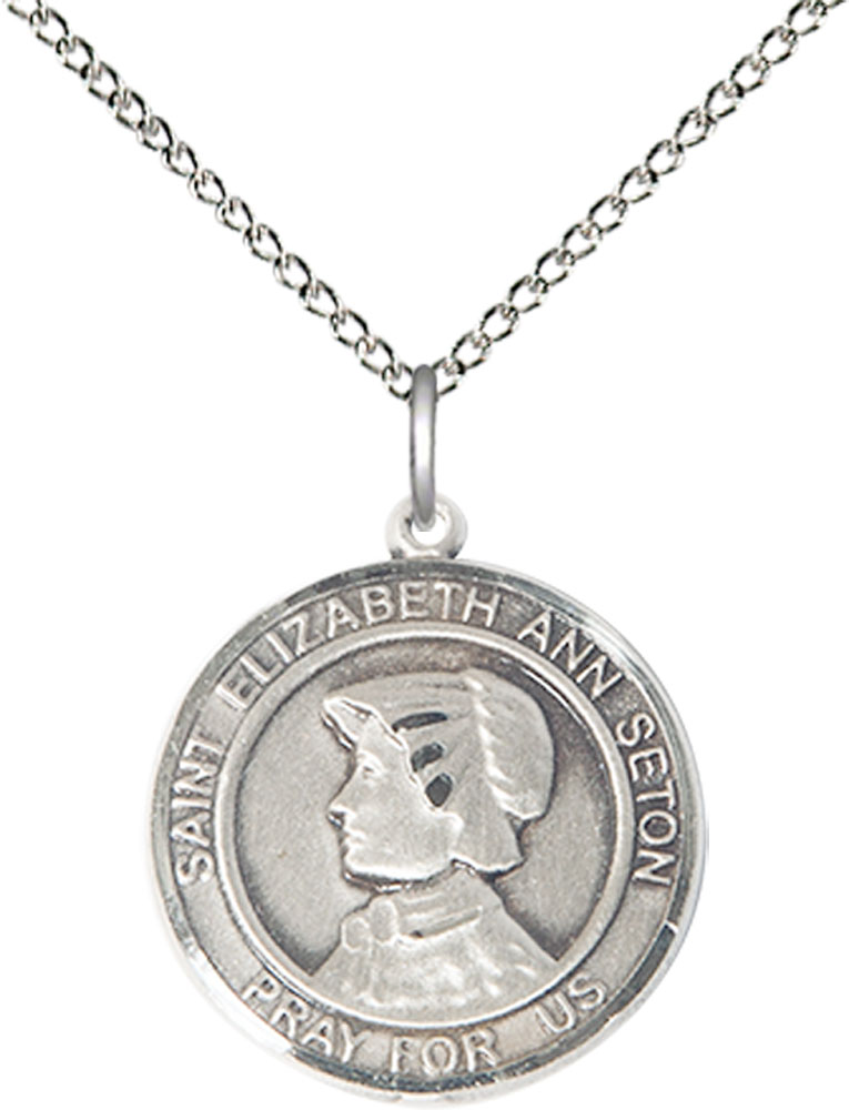Sterling Silver Saint Elizabeth Ann Seton Pendant on a 18 inch Sterling Silver Light Curb chain
