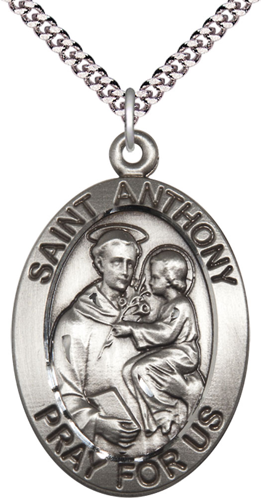 Sterling Silver Saint Anthony Pendant on a 24 inch Light Rhodium Heavy Curb chain