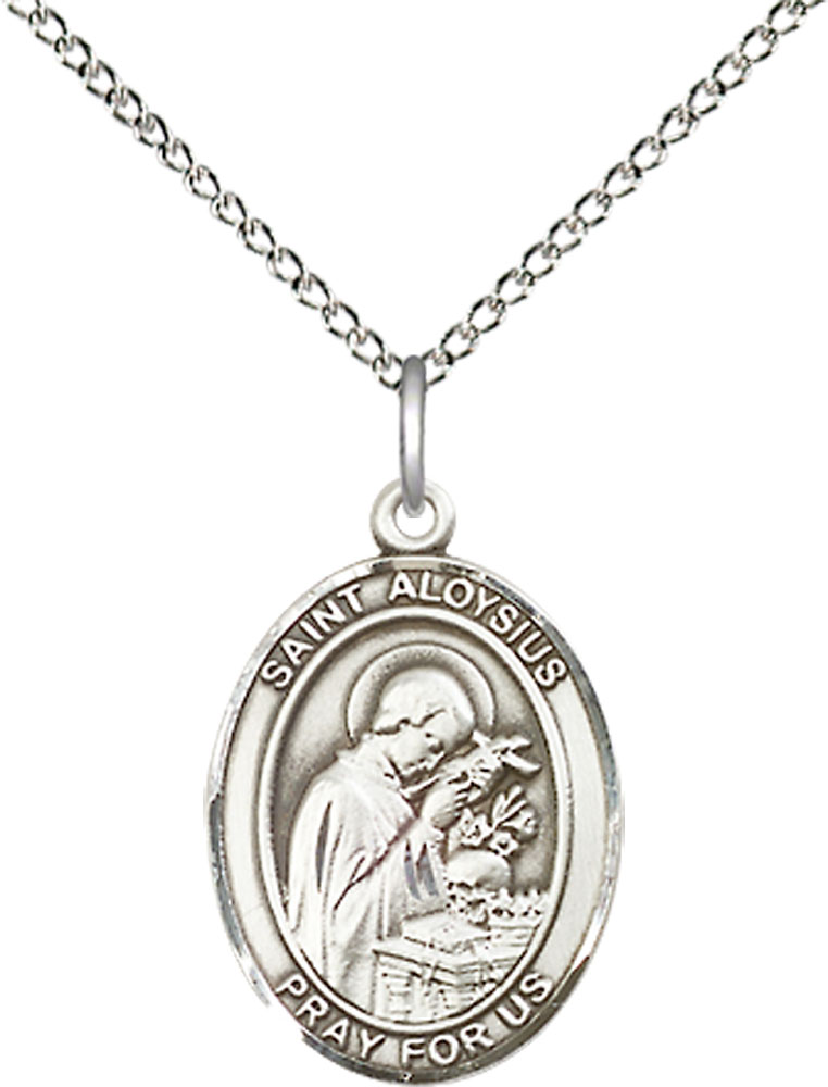 Sterling Silver Saint Aloysius Gonzaga Pendant on a 18 inch Sterling Silver Light Curb chain
