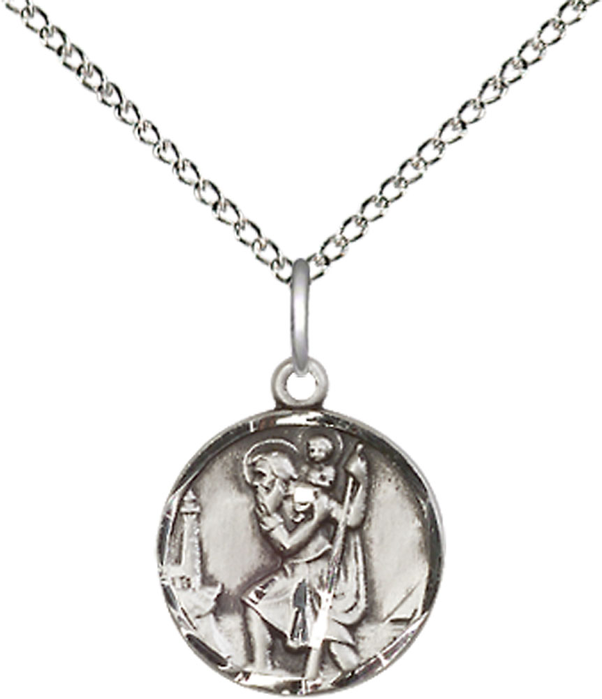 Sterling Silver Saint Christopher Pendant on a 18 inch Sterling Silver Light Curb chain