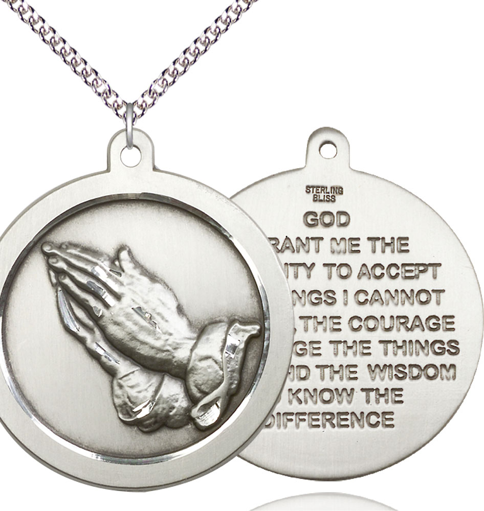 Sterling Silver Praying Hand Pendant on a 24 inch Sterling Silver Heavy Curb chain