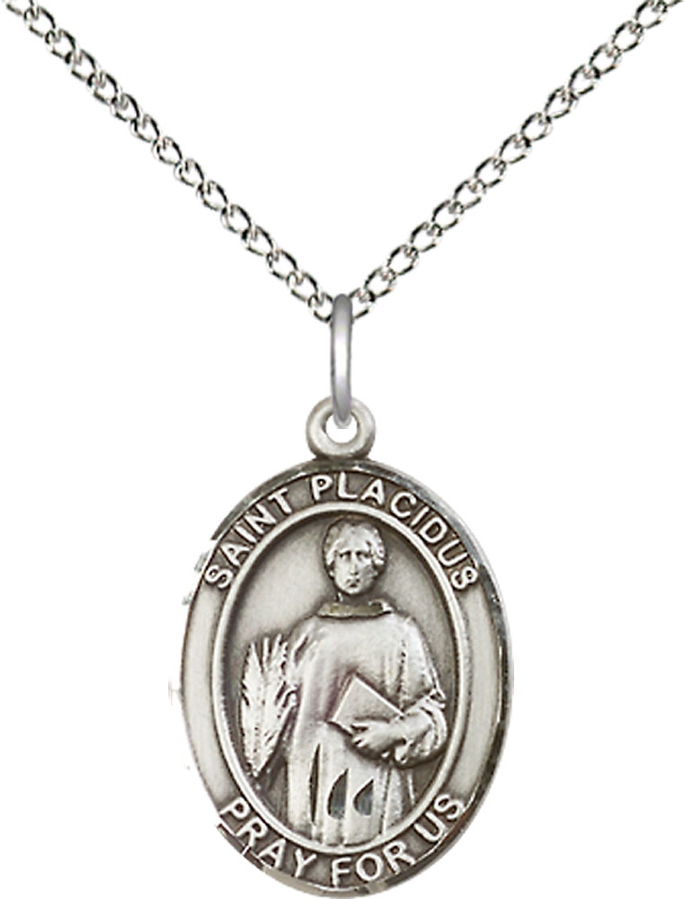 Sterling Silver Saint Placidus Pendant on a 18 inch Sterling Silver Light Curb chain